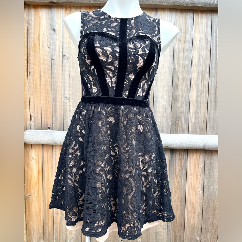 FINAL PRICE: Black Lace with Nude Underlay and Velour Trim Dress